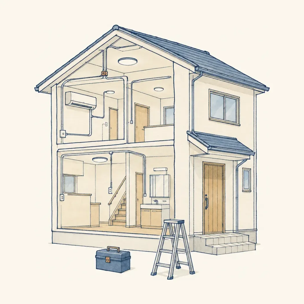 住宅の断面と、中を通る配線・エアコン・水回りを描いたイラスト