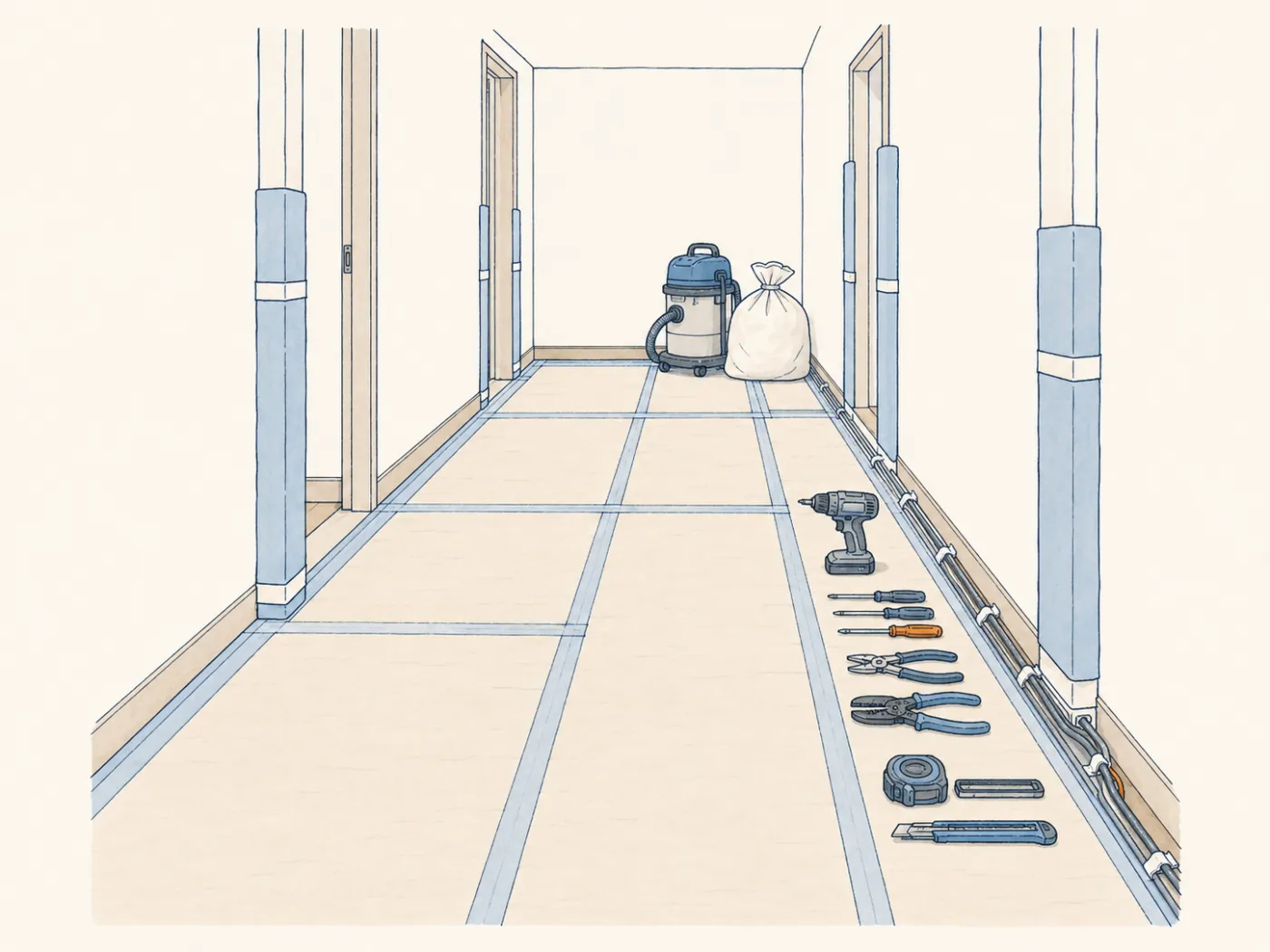 廊下に養生シートを敷き、工具を並べ、壁際の配線を留めて作業している様子のイメージイラスト