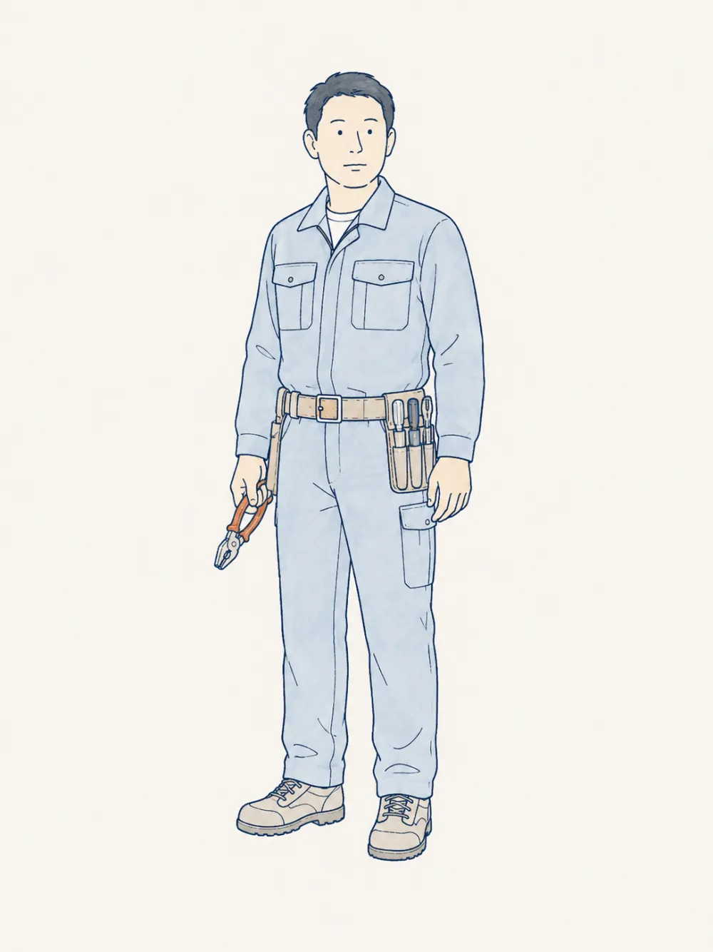 工具を持って立つ作業着姿の職人のイラスト