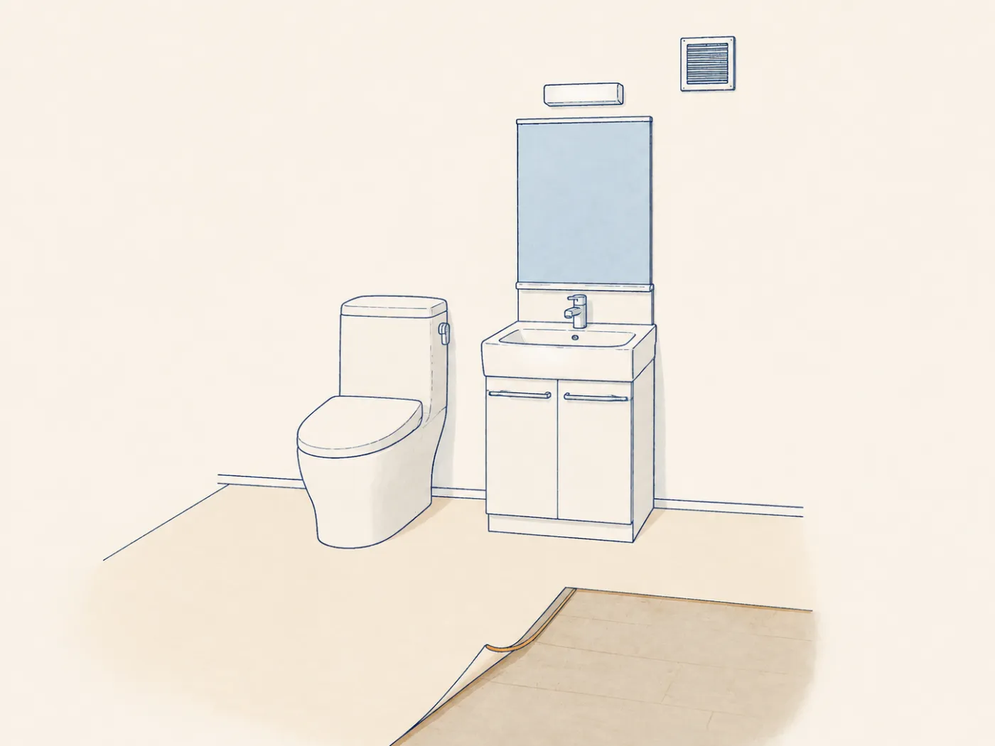 トイレ・洗面まわりの設備と内装を描いたイラスト