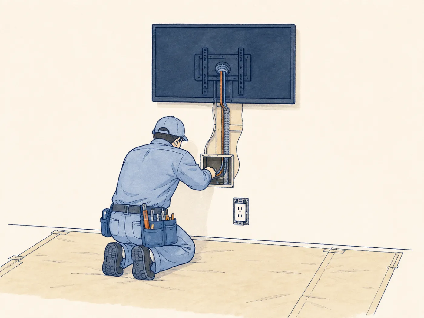 新築住宅の壁にコンセントを増設する様子のイラスト