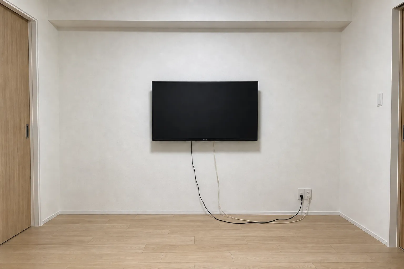 壁掛けテレビの配線が露出している状態を表したAI生成画像